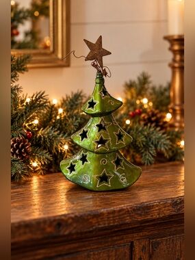 Pier 1 Imports Christmas Tree Tea Light Candle Holder Green Ceramic Gold Stars